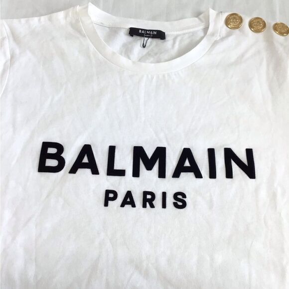 Balmain Paris Essential White Cotton Flocked Logo Button Detail Tee Shirt Large - Picture 4 of 13